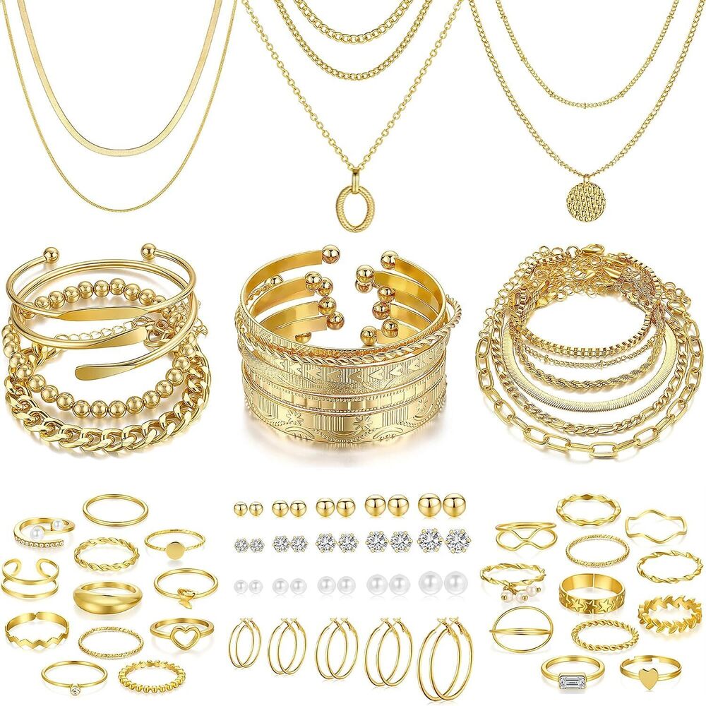 68 Pcs Gold Jewelry Set for Women with 7 Necklace, 17 Bracelet, 5 Hoop